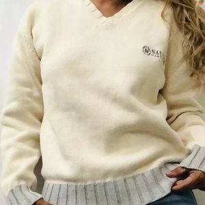 Nautica Vintage 90s Cream Knit Sweater  Unisex  V- Neck Embroidered Brand  Sz M